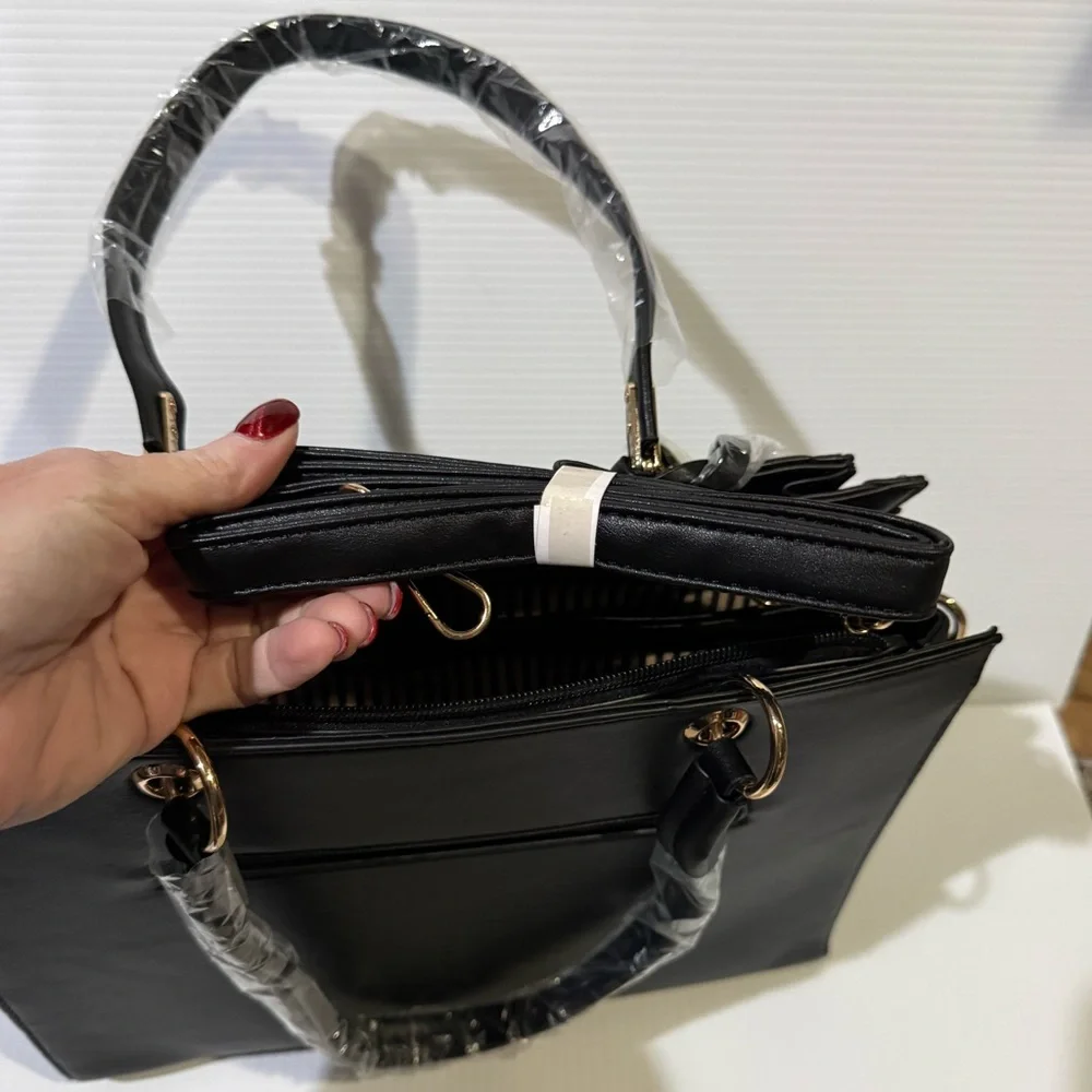 NWT 2PC Black Quilted Handbag with Crossbody Strap, Bag Charm and Wallet